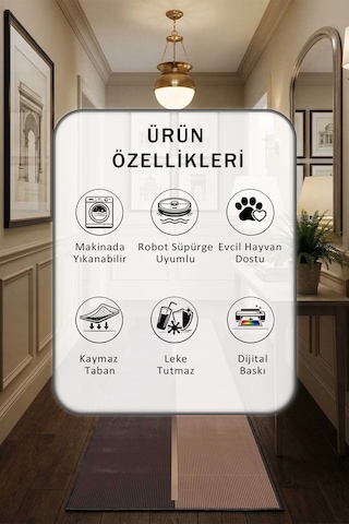 Kahve Çizgi Dijital Baskılı Kaymaz Yıkanabilir Yolluk