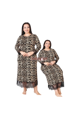 Lady Loepar Desenli Siyah Renkli 7284 Kadın, Uzun Kol Ve Dantel Detaylı Büyük Beden Anne Gecelik, Elbise Leopar