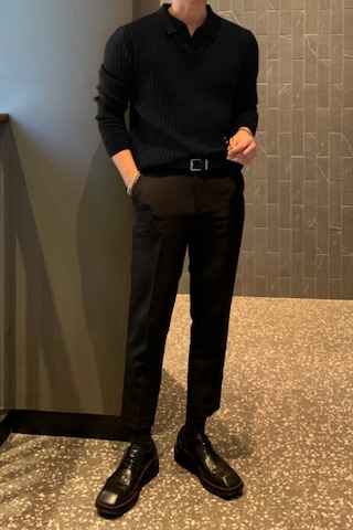 Cool Tarz Erkek Polo Yaka Triko Kazak Slim Fit Fitilli Siyah