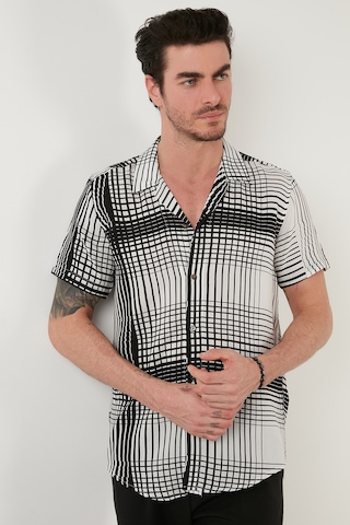 Buratti Regular Fit Kısa Kollu Apaş Yaka Desenli Erkek Gömlek Cf21S114293 Ekru-Siyah