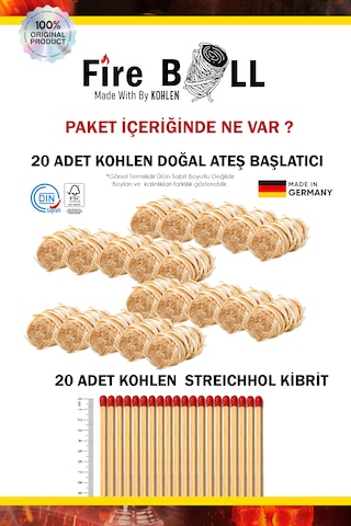 Kohlen Fireball Kibritli Doğal Ateş Başlatma Seti Mangal, Şömine Ve Soba Tutuşturucu