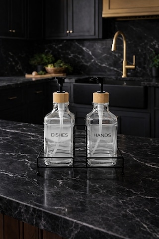 Makri Home Modern Cam Ikili Sıvı Sabunluk & Deterjanlık Seti-500 Ml Cam Sabunluk, Metal Stand'lı Beyaz