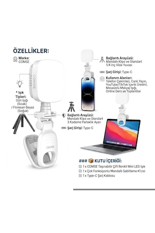 Selfie Işığı Şarjlı Çok Fonksiyonlu Mini Led Işık 3 Modlu Renk Ayarlı Telefon Tripod Uyumlu