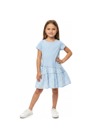 Toontoy Kids Toontoy Kız Çocuk Regular Fit Bisiklet Yaka Fiyonk Detaylı Brode Etekli Kısa Kollu Elbise 25050 Açık Mavi