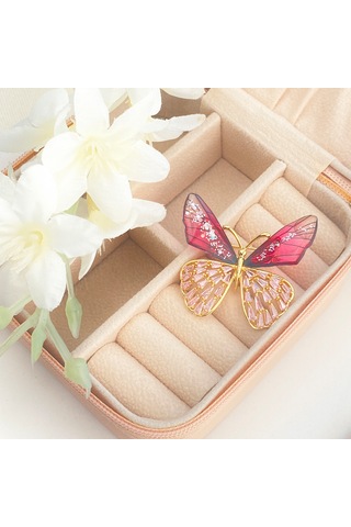Broş Kadın Altın Kaplama Zirkon Taşlı Kelebek Yaka İğnesi Broş Ro Altın - Kırmızı