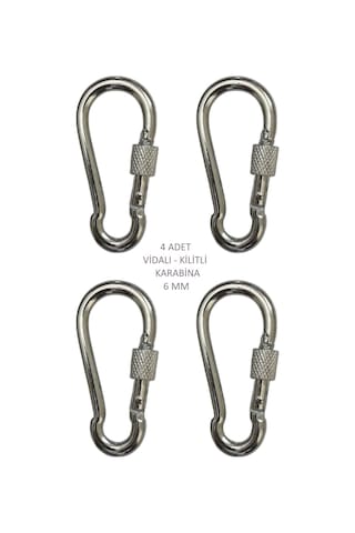 Galvanizli Vidalı Kilitli Karabina, 6 Mm, Askı, Çengel, Kanca, Anahtarlık 4 Adet