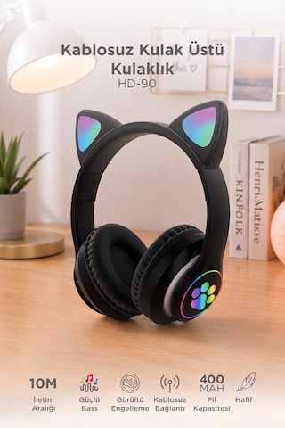 Bluetooth Kulaklık Kulak Üstü Kedi Tasarımlı Kablosuz Kulaklık Hd90