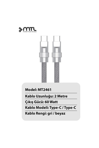 60w Type-c To Type-c Pd Turbo Şarj Spiral Sarmal Naylon Örgü Data Ve Şarj Kablosu 2 Metre Mt2461
