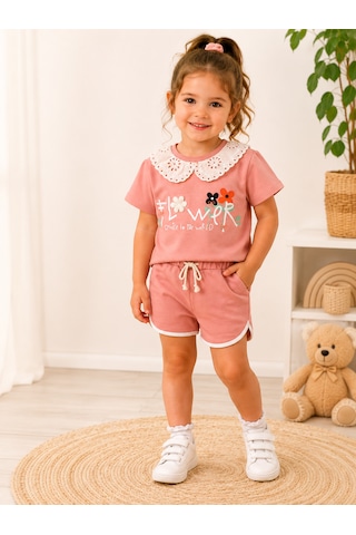 Tucankids Kız Çocuk Pembe Yakalı Baskılı İkili Takım
