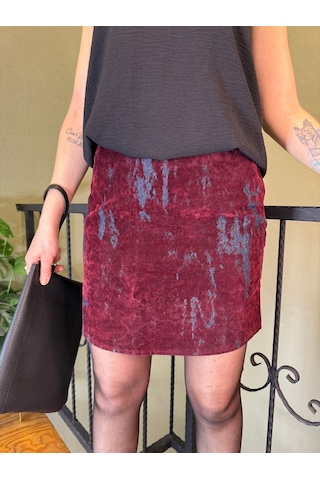 Ali Butik Bordo Flok Baskılı Mini Etek