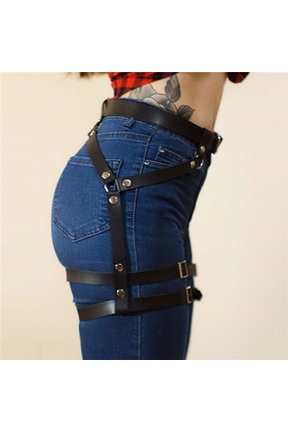 Dolıty Punk Pu Deri Koşum Jartiyer Kemer Ayarlanabilir Bel Bacak Siyah