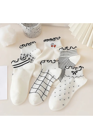 Shopiolog Sevimli Marul Desenli Bilek Çorabı 6'lı Paket Siyah - Beyaz