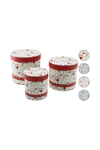 3pcs Yuvarlak Çiçek Desenli - Mix Renkli Karton Hediye Kutusu 18-16-12cm