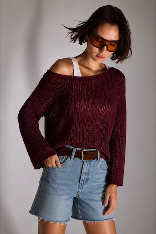 Bisou Siyah Ajurlu Triko Kazak Kayık Yaka Oversize İnce Örgü Yazlık Mevsimlik Bluz Bordo