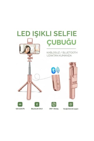 Encag Led Işıklı Selfie Çubuğu Bluetooth Kumandalı Kablosuz Tripot Selfie Monopod Selfie Stick Pembe Lisinya St