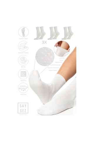 Bambu Kaydırmaz Taban Silikon Baskı Hac Umre Tavaf Hamile Diyabet Pilates Yoga Lastiksiz Çorap 3'lü Beyaz