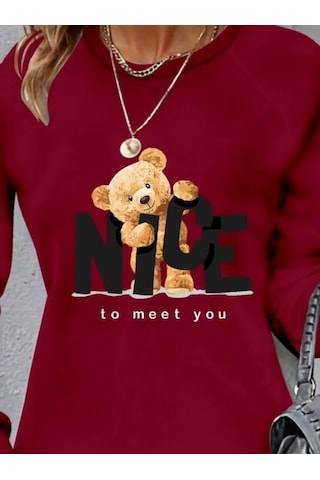 Kadın Uzun Kollu Bisiklet Yaka Ayı Desenli Viskon Iki Iplik Elbise Bordo