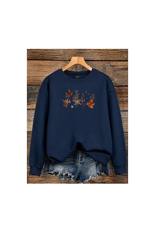 Esade Kadın Sonbahar Yaprakları Grafik Baskılı Rahat Kalıp Bisiklet Yaka Lacivert Sweatshirt Lacivert