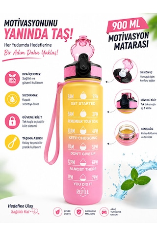 900 Ml Motivasyon Matarası Sızdırmaz, Kilitli, Silikon Uçlu, Taşıma Askılı, Geniş Ağızlı Su Matarası pembe