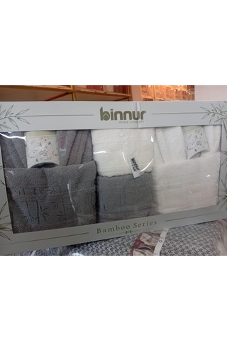 Yünteks Binnur Bamboo 8 Parça Aile Bornoz Takımı / %100 Pamuk / Aile Seti / Çeyizlik / Günlük / Modern / 1.kalite Beyaz - Gri