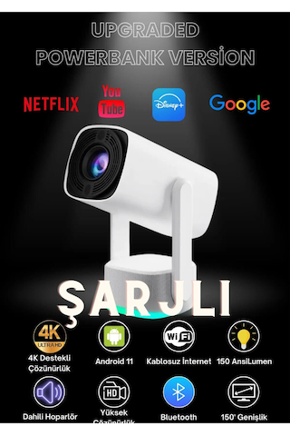 Taşınabilir Powerbank Bataryalı Android Projeksiyon Cihazı Hd Ev Sinema Projektörü Şarjlı Yeni Seri-120816