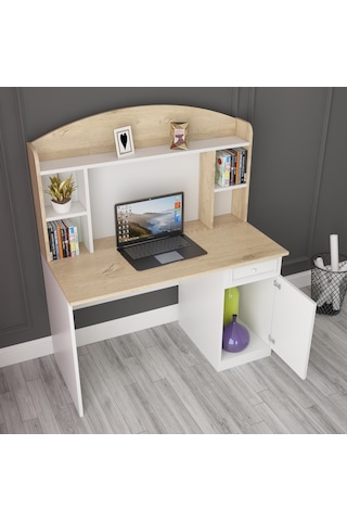 Country Çalışma Masası Kitaplıklı Tamamı Mdflam Beyaz - Çam