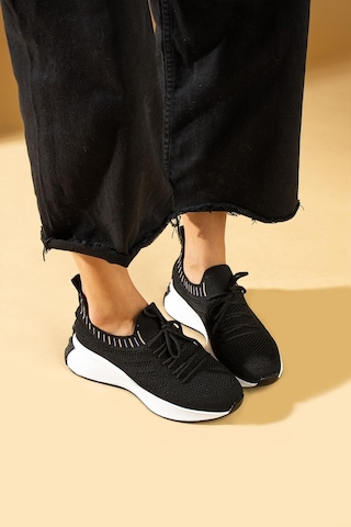 Shoetek Faina Kadın Sneakers Triko Dokumalı Bağcıklı Spor Ayakkabı Siyah Siyah