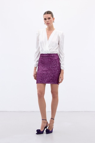 Sateen Payetli Mini Etek - Mürdüm-136651 Mürdüm
