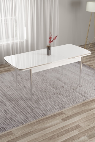 Canisa Nira Serisi 70x114 Mdf Açılabilir Beyaz Mutfak Masa Takımı 4 Siyah Sandalye Krom Detay Beyaz Masa Sandalye Siyah Ayaklar Krom