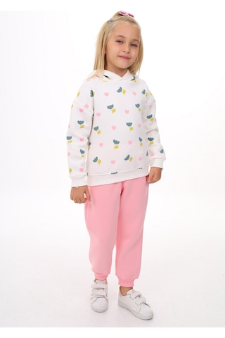 Toontoy Kids Toontoy Kız Çocuk 2'li Takım Baskılı Kapüşonlu Sweatshirt & Beli Paçası Lastikli Jogger Eşofman Altı - Renk Bloklu & 3 İplik Şardonlu Açık Pembe