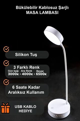 Astec Beyaz Bükülebilir 3 Renk Led Masa Çalışma Lambası Dimli Dayanıklı Silikon Tuşlu Usb'li Şarjlı