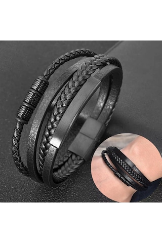 Erkek Hakiki Deri Bileklik Siyah Renk Manyetik Toka Db5097 Siyah