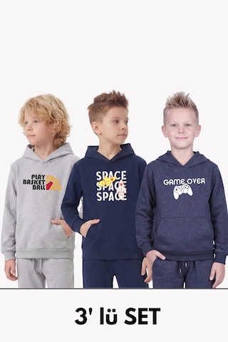 Panios Kids 3'lü Kanguru Cepli Kapüşon Detaylı Baskılı Erkek Çocuk 3 Parça Sweatshirt Füme - Lacivert