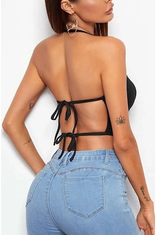 Liona Kadın Düz Yaka Sırt Açık Siyah Super Crop Top Bluz 001
