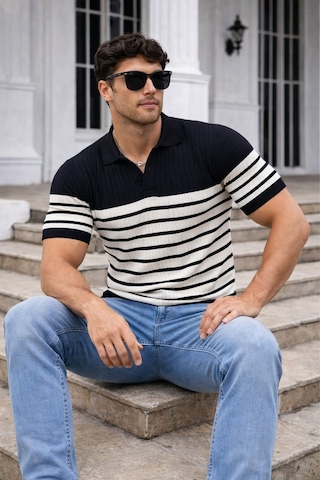 Tarz Cool Erkek Çizgili Triko Polo Yaka Slim Fit T-shirt Siyah