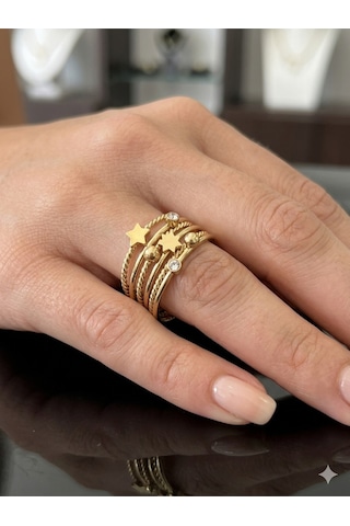 5'li Gold Renk Yıldızlı Ve Zirkon Taşlı Burgu Eklem Yüzüğü Seti Altın
