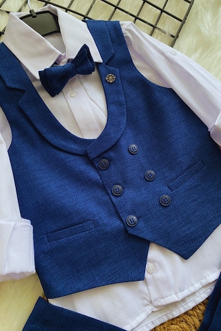 Katlama Detay Yelekli Rozetli Çocuk Takım Elbise Sax Saks Mavi