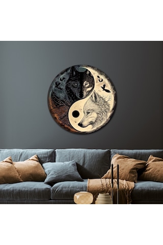 Yin Yang Kurtlar Yuvarlak Metal Tablo