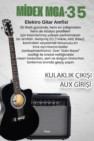 Midex Rg-560bk-amp Siyah Amfili Elektro Akustik Gitar Full Set