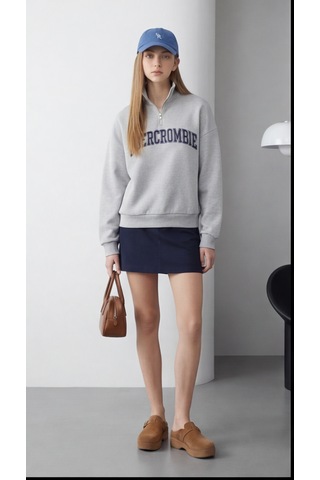Modeva Global Kadın Gri Yarım Fermuarlı Oversize Sweatshirt Baskılı, Yumuşak Dokulu, Günlük & Spor Şık Açık Gri