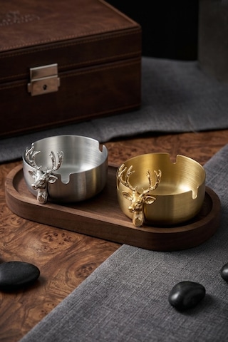 Küllük Ahşap Sunumluk Geyikli Gold-gümüş Metal İkili Dekoratif Küllük Klasik