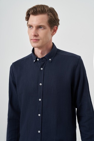 Morven Erkek Lacivert Trend Keten Slim Fit Düğmeli Yaka Gömlek 25ys004013200 Lacivert Lacivert