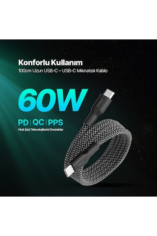 Ttec 2DK61S USB-C - USB-C Mıknatıslı 100 CM 60W Örgü Hızlı Şarj Kablosu 2Dk61S