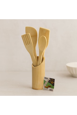 Ahşap Bambu Mutfak Servis Seti 5 Parça Kaşık, Çatal, 2 Spatula, Stand 27.5/30 Cm Çok Renkli