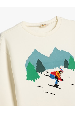 Koton Sweatshirt Kayak Baskılı Bisiklet Yaka Uzun Kollu Şardonlu Ekru 5wkb10565tk Ekru