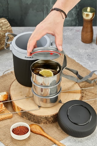 Cooker 3147 Siyah Lüx 1,2 Litre Çelik Hazneli 3'lü Yemek Termosu