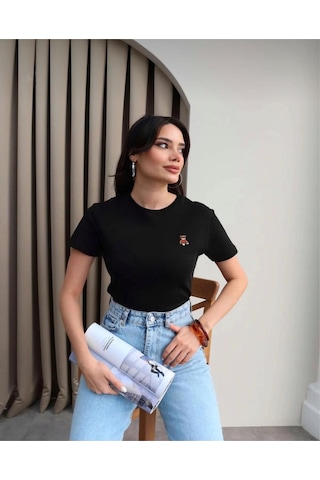 Teedy Bear Nakışlı Crop T-shirt SIYAH