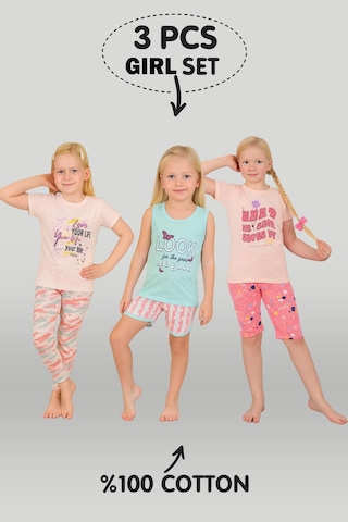 Kız Çocuk 3'lü %100 Pamuklu 1-2-3 Yaş Pijama Takımı Model:130 Çok Renkli