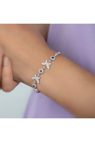 Gümüş Pazarım Safir Taşlı Kelebek Motifli Gümüş Bileklik