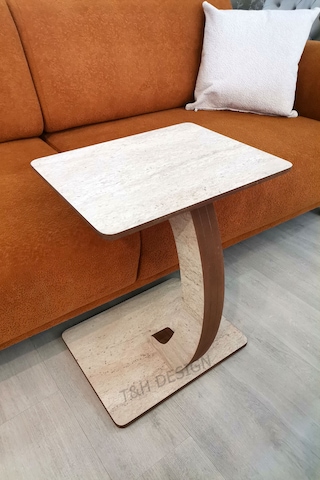C Sehpa Dikdörtgen, Tekerlekli Yan Sehpa, %100 Mdf Yan Sehpa Traverten